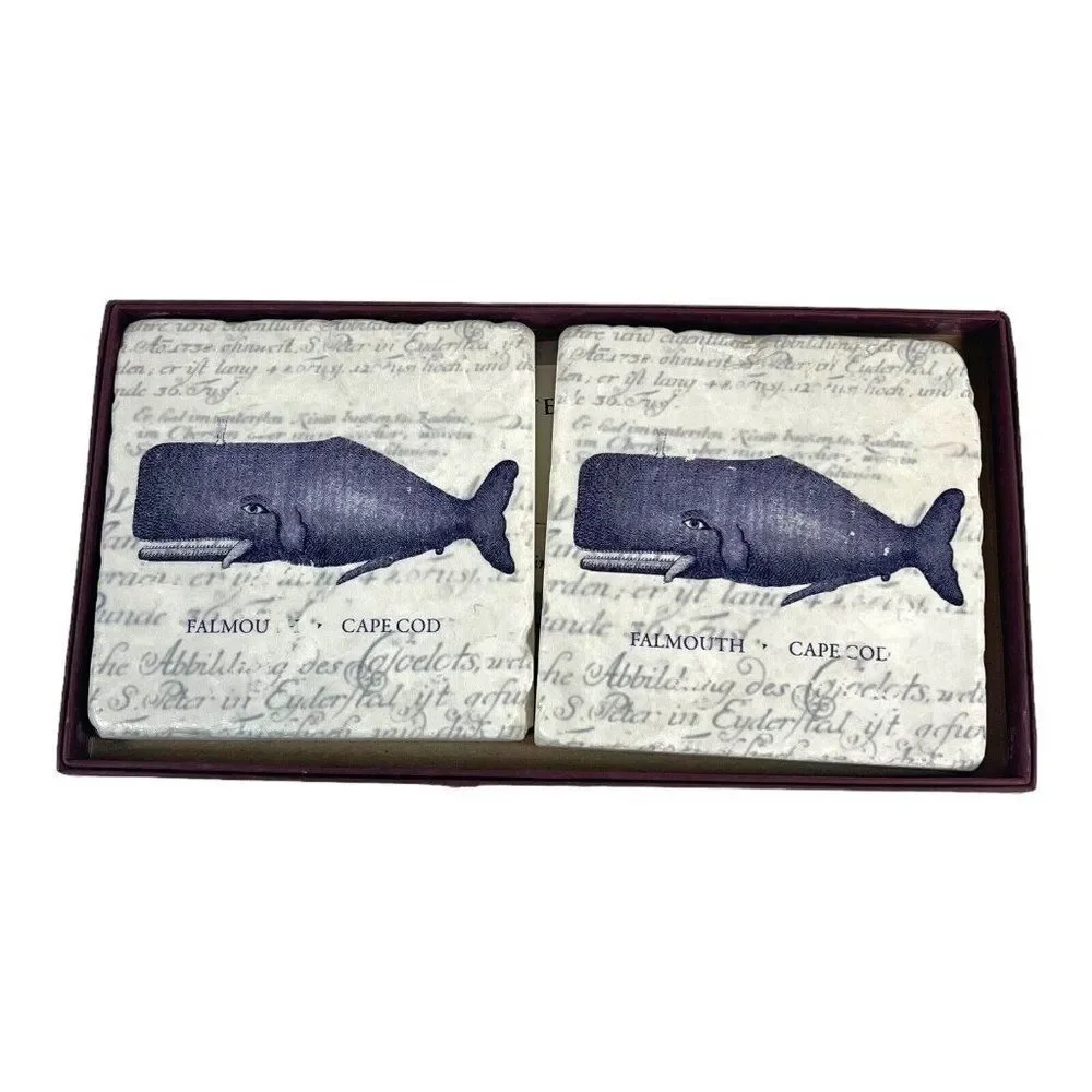 Vintage Set Whale Cape Cod Falmouth Screencraft Tileworks Marble Beach Coasters